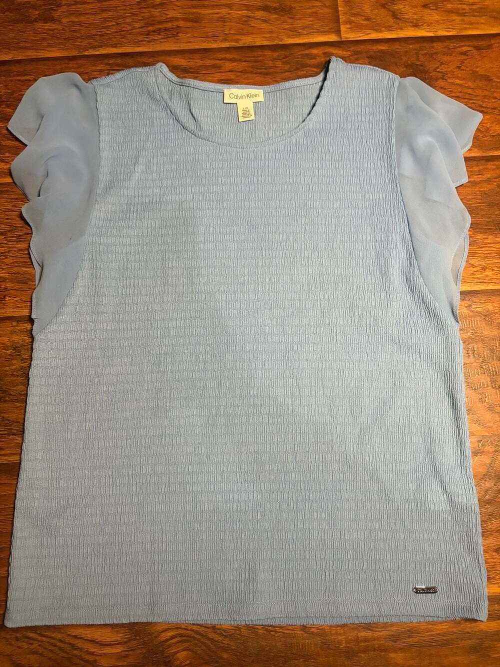 Calvin Klein Smocked Top Size L Blue Flutter Sleeve Blouse
